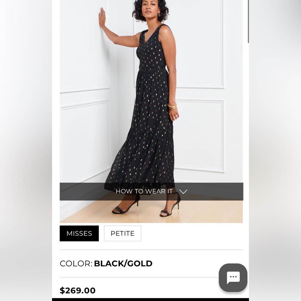 NWT{Talbots}Sz 14 Black Chiffon w/Gold Dot Maxi Vneck Sleeveless Dress